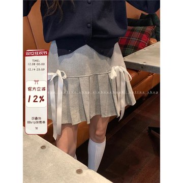 馨幫幫 自制學院風甜美蝴蝶結綁帶高腰A字百褶半身裙秋冬毛呢短裙
