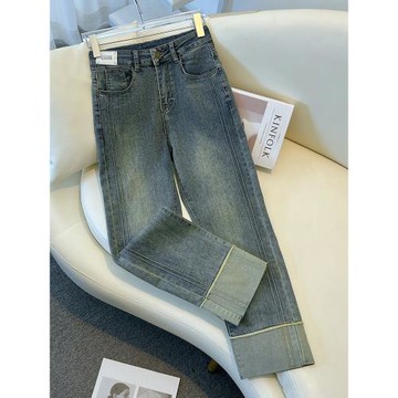 (免運)復古藍直筒牛仔褲女2025新款秋冬季加絨卷邊窄版小個子九分煙管褲