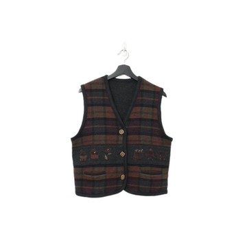 Back to Green-復古毛料背心 栗色格紋 花朵 v-25/sweater vest