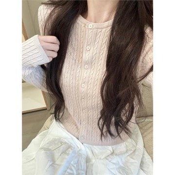 現貨 bm淺粉色圓領長袖麻花針織衫短款修身網紅款開衫上衣外套