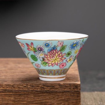 琺瑯彩斗笠杯陶瓷功夫茶杯家用主人杯宮庭風茶盞茶具單杯中式禮盒