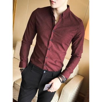 春秋純色韓版修身商務襯衫男長袖青年免燙潮流帥氣休閑酒紅色襯衣