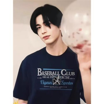 推理吧張凌赫同款美式復古藏青色短袖T恤男女款夏季寬松情侶上衣