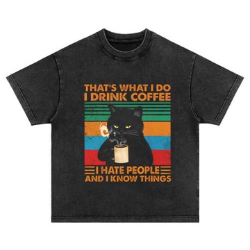 喝咖啡貓 趣味美式復古水洗做舊重磅純棉寬松長短袖T恤男女情侶