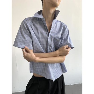 (免運)MION 帕勞之旅 夏季休閑短袖襯衫小眾短款格子襯衣條紋男女寬松