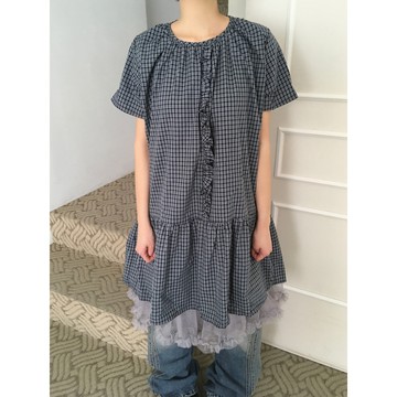 ˏˋ 𝐻𝑒𝑦 𝑆𝑝𝑟𝑖𝑛𝑔 - ̗̀ 🌷⛅️ ̖́‎2色入~韓國學院復古格子木耳花邊短袖寬鬆日系連衣裙