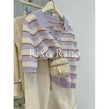 法國Rixo Rane巨舒適⭐設計感條紋冰絲針織衫短袖t恤女夏翻領上衣