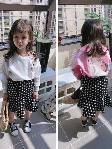 女童氣質套裝春秋季新款 兒童可愛字母T恤+圓點魚尾裙兩件套1入