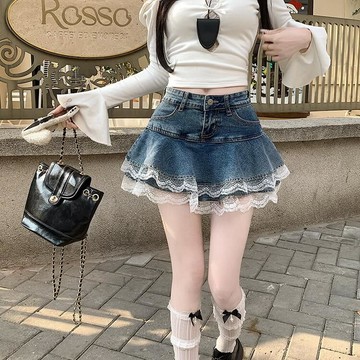 VIVILIAN美式減齡蕾絲花邊牛仔彈力半身裙