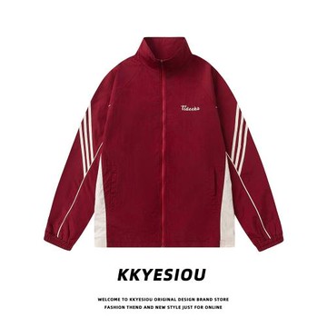 KKyesiou美式復古潮牌戶外紅色運動外套男女款條紋拼接情侶紅夾克