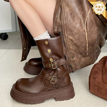【復古顯瘦增高】馬丁靴 中筒靴 粗跟靴 厚底靴 英倫風靴子 女靴 真皮材質 舒適軟底 春秋新款 2025時尚潮流 百搭顯腿長