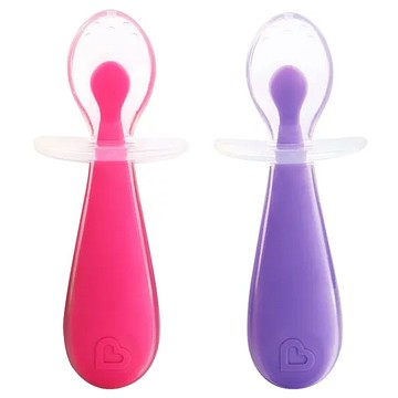 Munchkin 滿趣健 矽膠學習湯匙2入 柔軟不傷牙齦 特殊檔片設計  粉+紫  1組