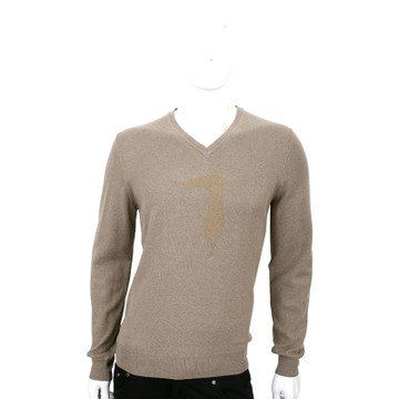TRUSSARDI 淺咖色羊毛浮印圖騰長袖V領上衣(50%WOOL