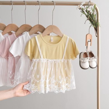 Mini baby🌷夏裝韓版女童假兩件短袖T恤嬰兒上衣女寶寶蕾絲T恤