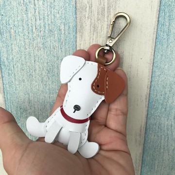 療癒小物 白色 傑克羅素梗 狗 純手工縫製 皮革 鑰匙扣 小尺寸