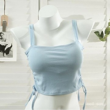 【限時特賣】背心女 吊帶背心 女生背心 辣妹背心 小可愛 辣妹抽褶吊帶背心帶胸墊美背內搭純色裹胸外穿修身顯瘦設計感上衣