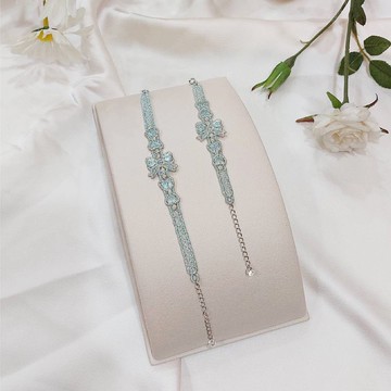 【禮物】Aurora蝴蝶蕾絲捷克水晶 純銀手鍊/手環-銀+灰藍(親子款)