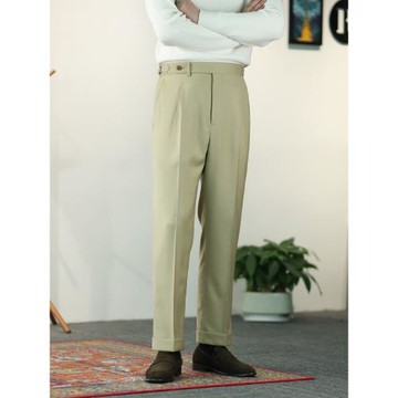 23年春夏新款 米灰色全羊毛那不勒斯高腰西褲 男休閑褲 修身長褲