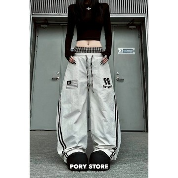 【PORY STORE】美式街頭格紋拼接雙腰頭彎刀褲 傘兵褲 落地褲 實拍 休閒 百搭 男女 寬鬆 長褲 寬褲 工裝褲