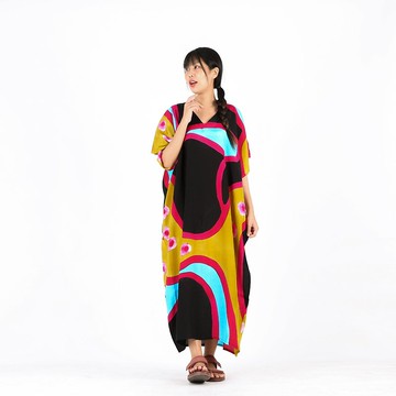 Kaftan V Nack Cotton Silk Hand Paint Free Size