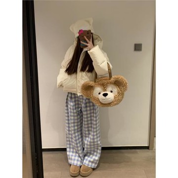 加絨藍白色格子褲女春秋2025新款小個子寬松慵懶闊腿褲直筒休閑褲