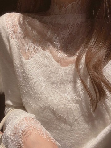 年春秋新款長袖半高領蕾絲打底衫女秋冬洋氣短款內搭網紗上衣