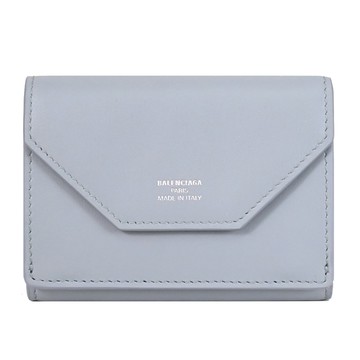 BALENCIAGA 巴黎世家 736730 燙銀LOGO信封式三折零錢短夾.淺灰藍