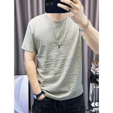 2025夏季新款仿棉麻男士短袖t恤修身簡約圓領上衣薄款半袖體恤男