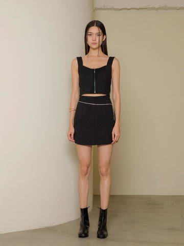 Metallic Thread Bias Seam A-line Wool Blend Skirt [Black]