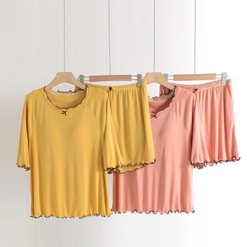 清倉睡衣套裝帶胸墊文胸一體莫代爾短袖短褲寬松薄款家居服可外穿