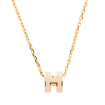 HERMES 愛馬仕 經典Mini Pop H pendant 立體橢圓簍空項鍊(POUDRE/淺金)