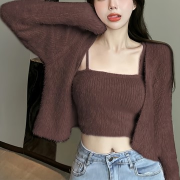 FB2378 海馬毛外套Set  小外套 肩寬44cm 全長36cm 袖長51cm 背心 胸寬20~45cm 全長25cm  咖