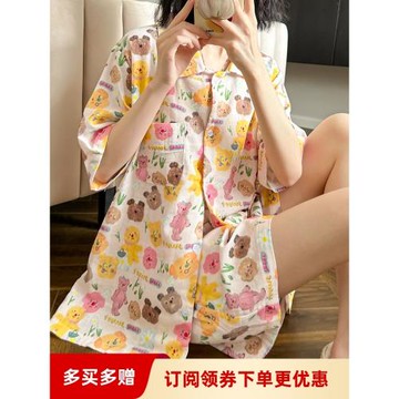 HEARMES 日系棉紗夏季睡衣女短袖開衫短褲雙層紗布純棉休閑家居服