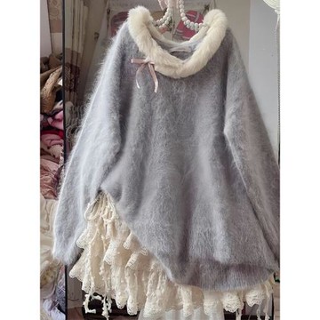 甜美溫柔蝴蝶結套頭毛衣女秋冬軟糯仿水貂絨針織衫慵懶毛毛領上衣