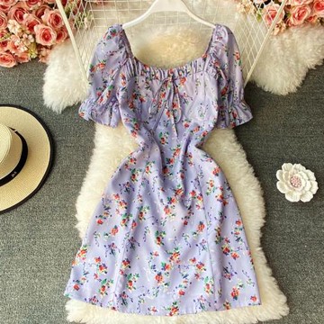 紫色碎花裙女夏短款溫柔氣質初戀裙子復古方領茶歇法式桔梗連衣裙