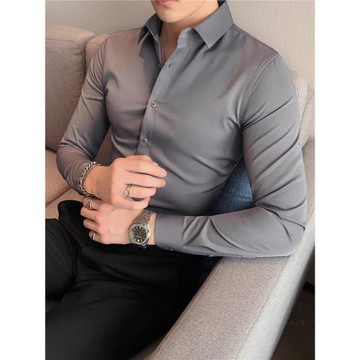 高級感痞帥灰色長袖西裝襯衫男彈力修身商務正裝加絨黑色襯衣加厚