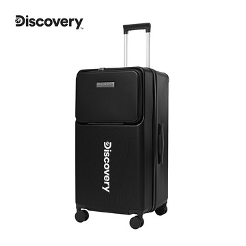 【Discovery】運動款前開蓋28吋杯架拉鏈行李箱-黑