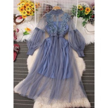 立體網紗裙燈籠袖顯瘦吊帶花朵