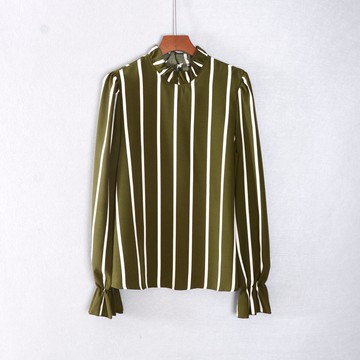夏款女裝直筒寬松長袖立領豎條紋套頭襯衫上衣服氣質潮