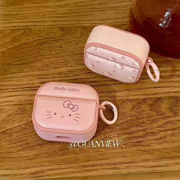 ins韓系少女 輕奢鼓包貼皮 可愛大臉 KT貓 Airpods Pro 皮質套 2/3/4代 蘋果藍牙耳機防摔保護殼凱蒂