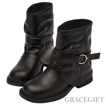【Grace Gift】韓系顯瘦方頭皮帶扣褶皺褲管短靴 黑