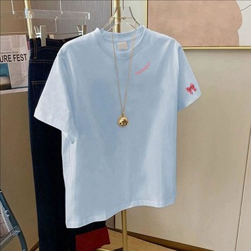 棉短袖 吸汗排濕透氣 美式藍色純棉短袖恤女夏季26新款寬鬆白色上衣小衆設計感體恤0826