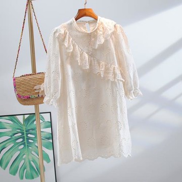 連衣裙套頭七分袖荷葉邊刺繡鏤空中長款純棉修身顯瘦純棉杏色中裙