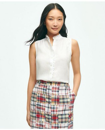 Brooks Brothers Women's Sleeveless Ruffle Detail Shirt In Linen | White | Size 12