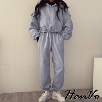 【HanVo】韓版縮腰休閒長袖長褲套裝 親膚涼感連帽運動套裝 日常韓系女裝 女生衣著 A08-5971