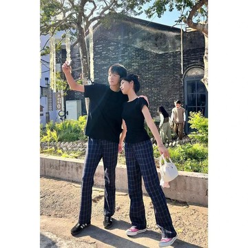 9163 名舊客戶🤗【SOKEY】美式復古格子褲男女微喇褲寬鬆直筒休閒褲潮顯瘦顯高長褲5IC9