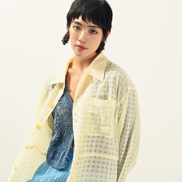 【NaSuBi Vintage】寬鬆輪廓紗質緹花古著襯衫