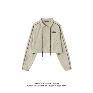 KKyesiou美式復古潮牌翻領風衣外套女高街vintage辣妹短款夾克ins