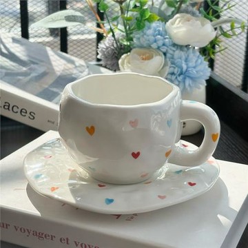 韓式ins風手捏愛心陶瓷咖啡杯 下午茶手繪花朵馬克杯高顏值水杯子