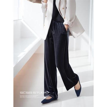 三吋時光4249-瀟灑小姐絲絨闊腿褲高腰顯瘦絲絨褲拖地褲長褲女秋